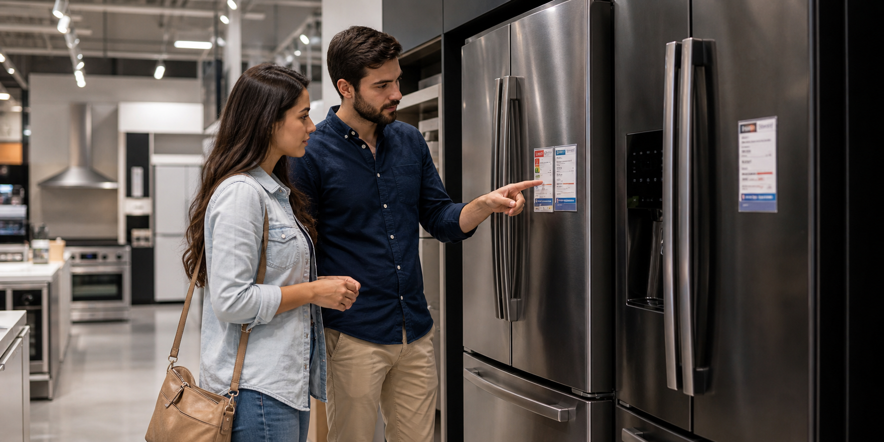 Young Couple Comparing Modern Refrigerators in Store