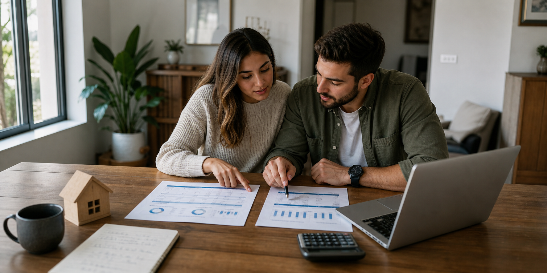 Una pareja joven sentada en la mesa de su comedor comparando la información de un crédito hipotecario con tasa fija y otro con tasa variable.