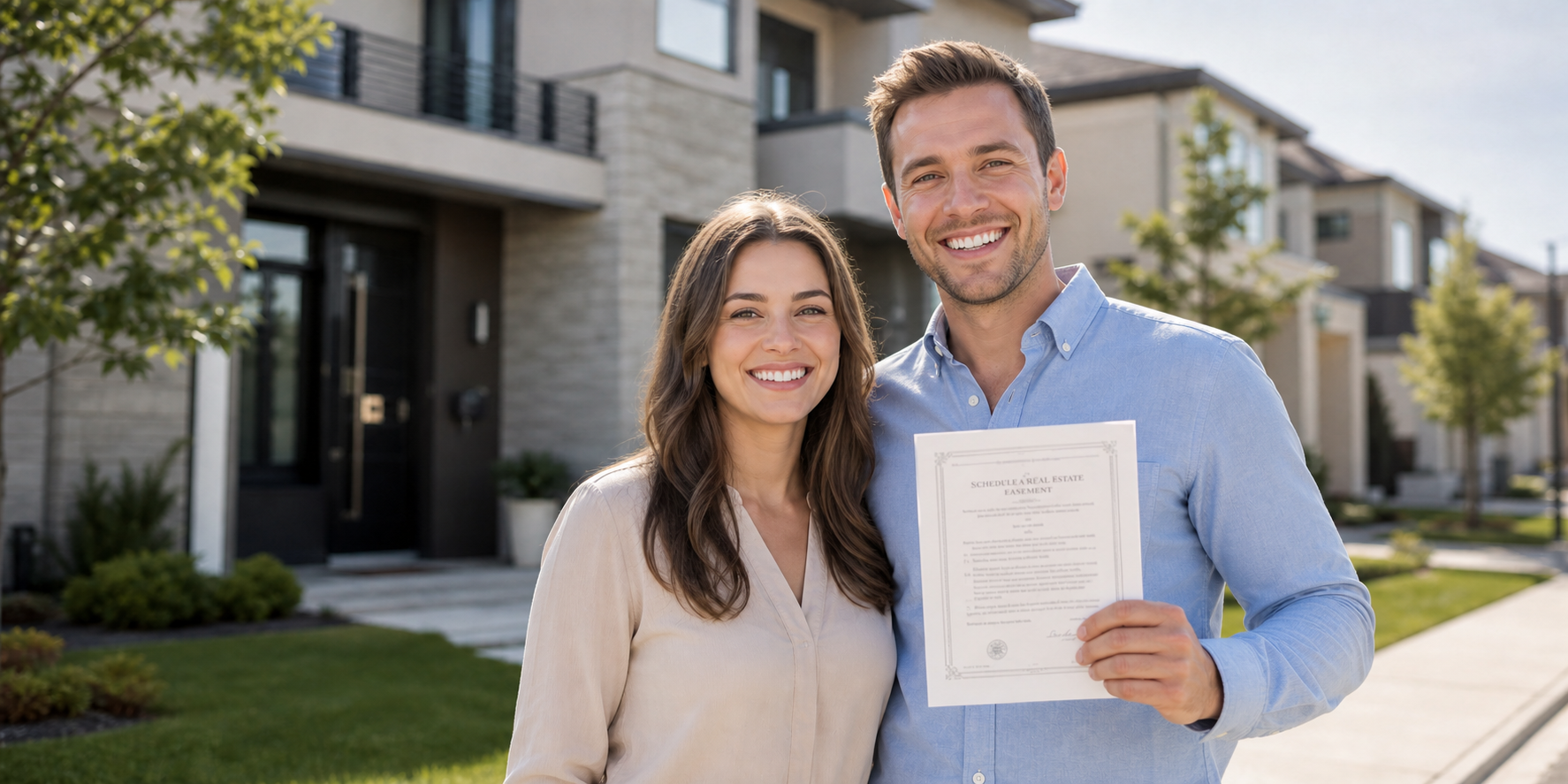 Una pareja joven y feliz sosteniendo las escrituras de su nueva casa frente a su vivienda recién adquirida.