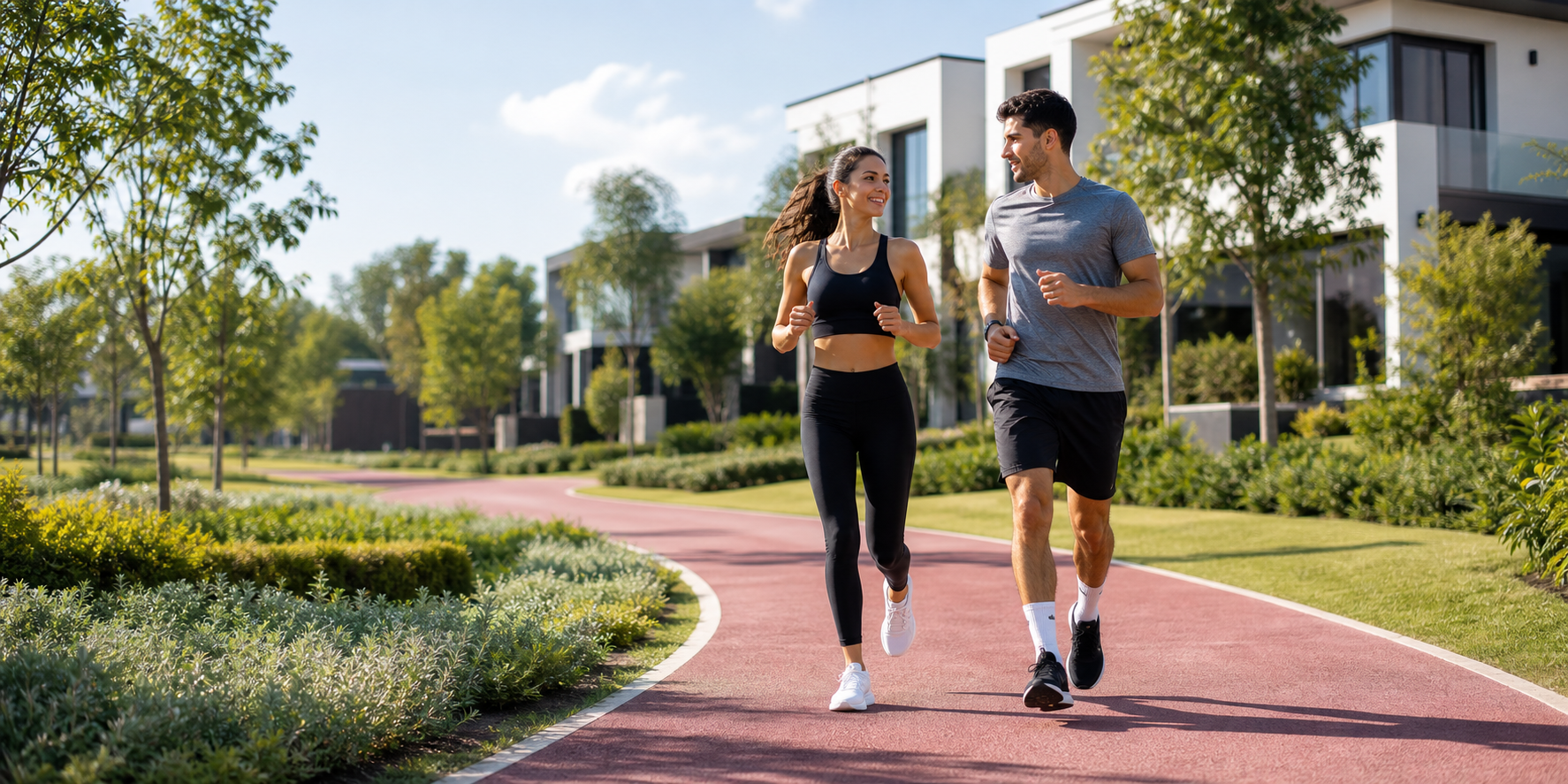 Una pareja joven haciendo jogging juntos por una pista al aire libre dentro de un desarrollo residenciall.