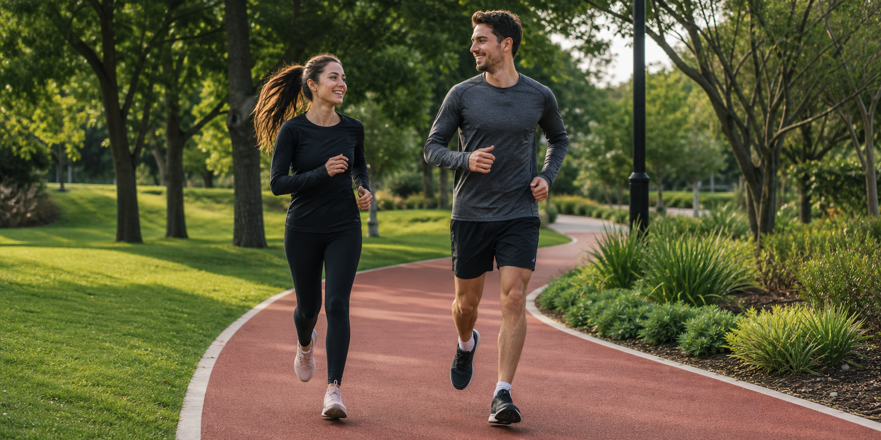 Una pareja joven corriendo junta en una pista deportiva al aire libre, disfrutando de una sesión de ejercicio en un entorno rodeado de amplias áreas verdes.