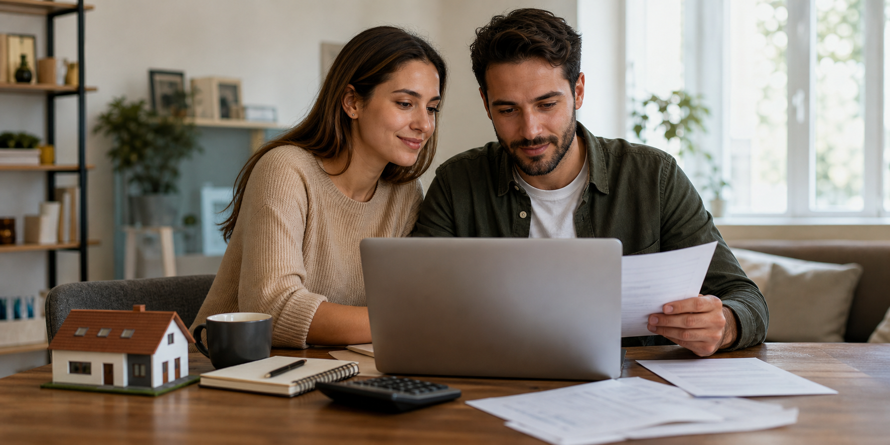 Una pareja joven en el comedor de su hogar realizando el pago mensual de la hipoteca de su casa. Están utilizando una computadora portátil para hacer una transferencia bancaria.