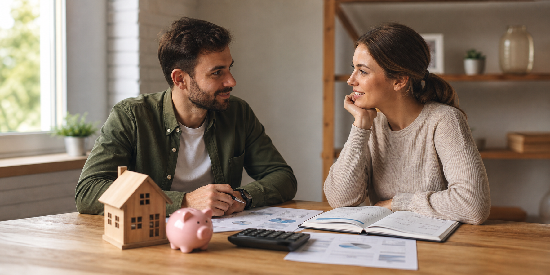 Una pareja joven sentada frente a frente en una mesa de madera, conversando y planificando la compra de su primera vivienda.