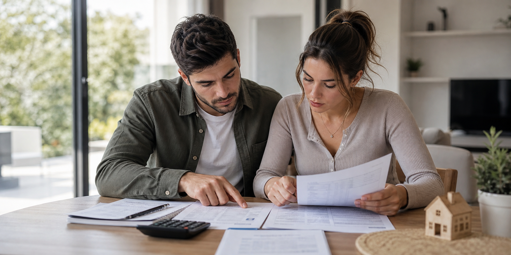 Una pareja joven sentada en una mesa revisando cuidadosamente documentos antes de contratar un cofinanciamiento para comprar una casa.