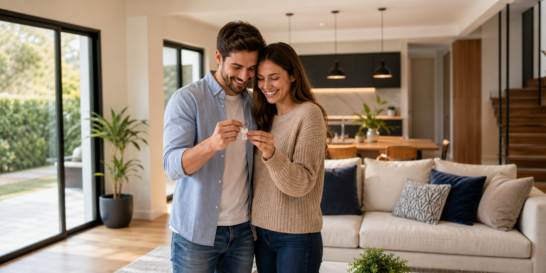 Una pareja joven dentro de la sala de su nueva casa, sosteniendo juntos las llaves de su nuevo hogar y mostrando una expresión de felicidad.