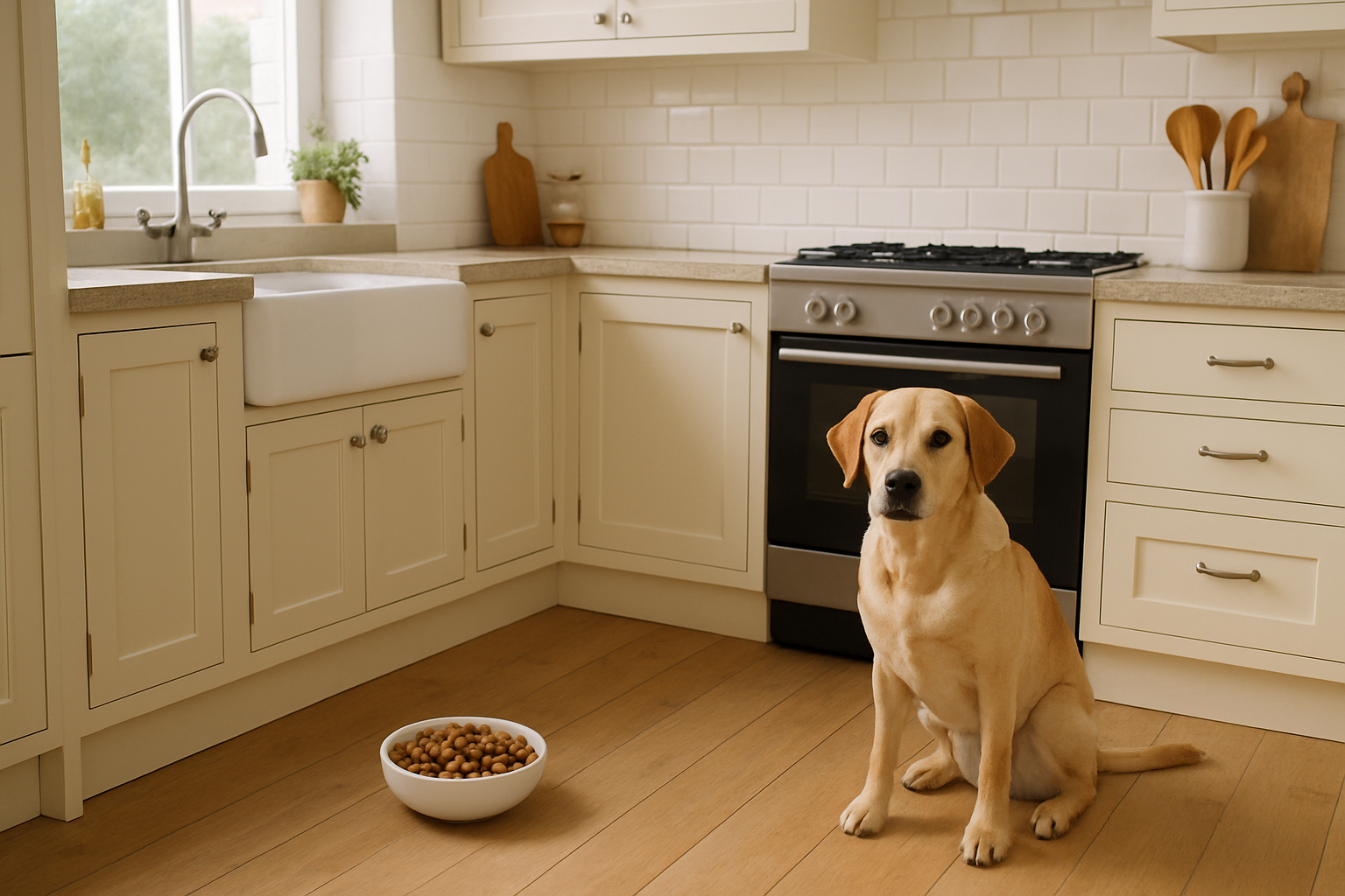 cocina de una casa y en un rincon del piso se puede ver el plato lleno de croquetas de un perro y el est sentado a un lado