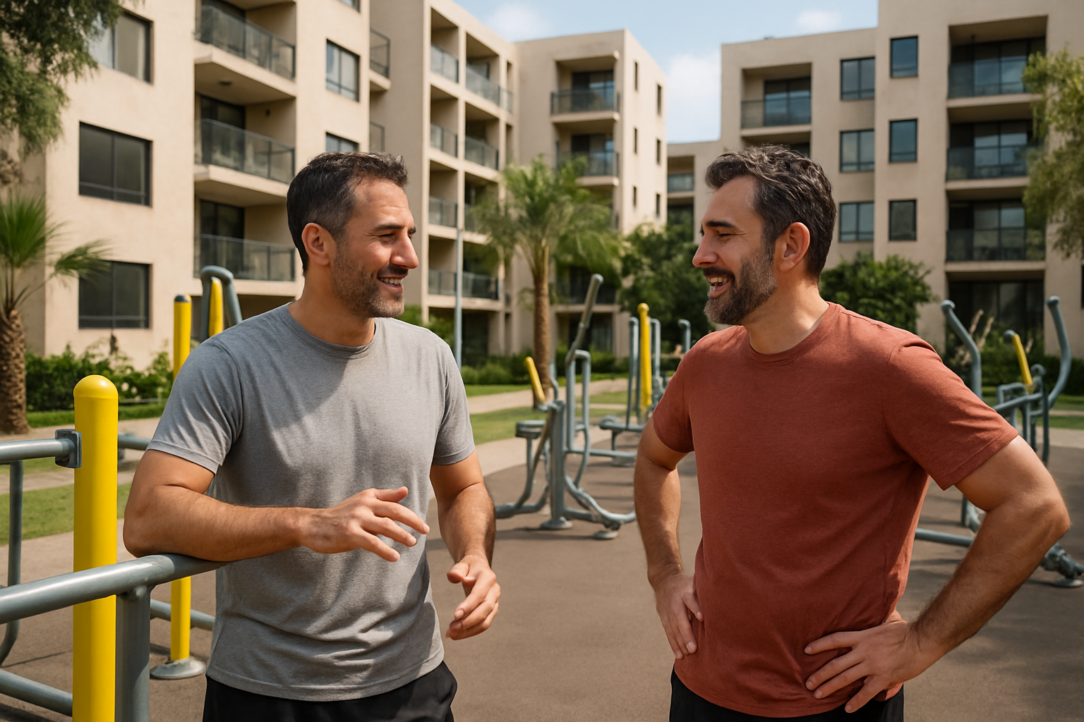 dos hombres platicando en el gimnasio al aire libre del desarrollo donde viven
