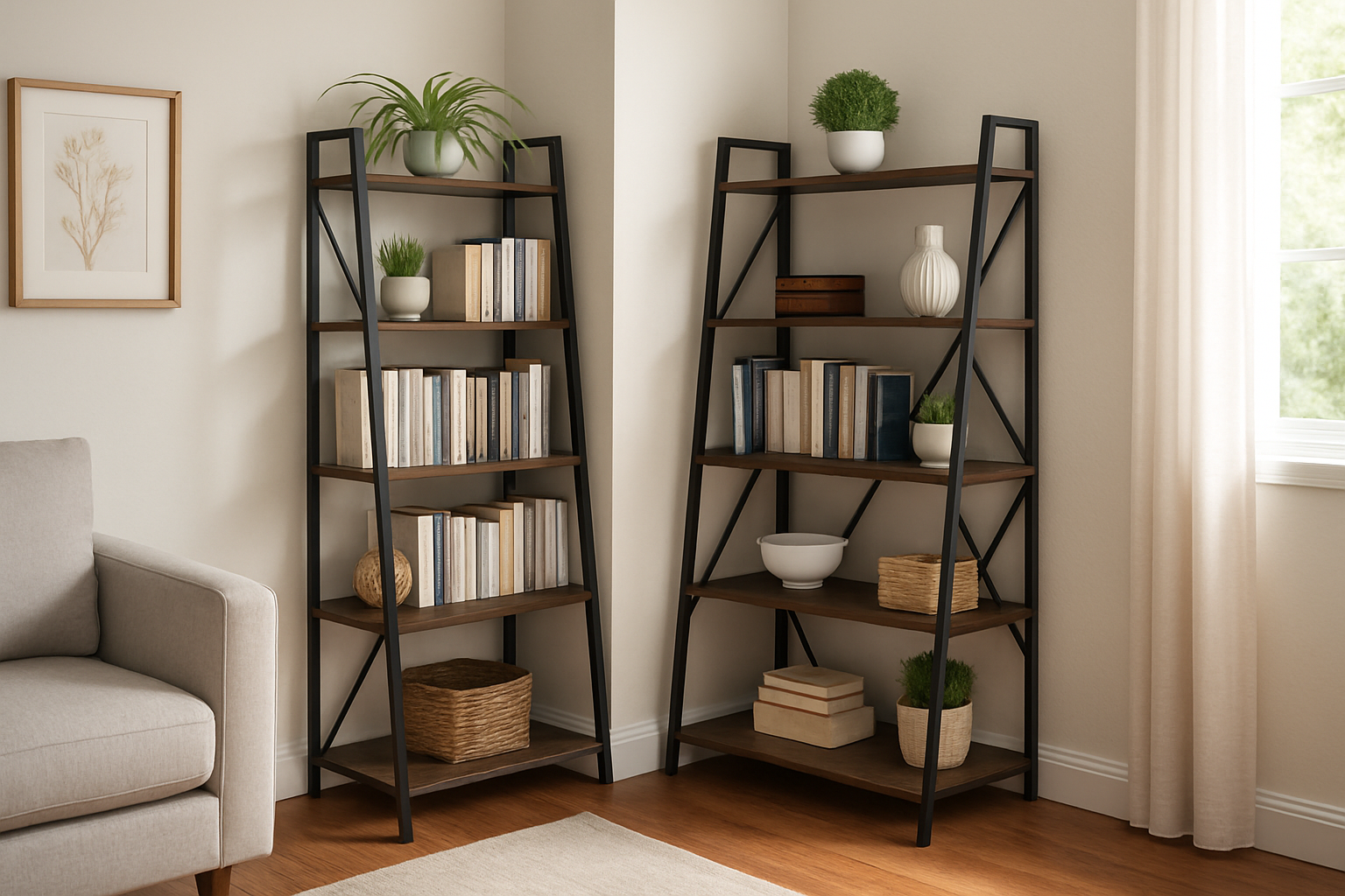 en una sala estn unas estanteras esquineras para libros plantas o decoraciones-1