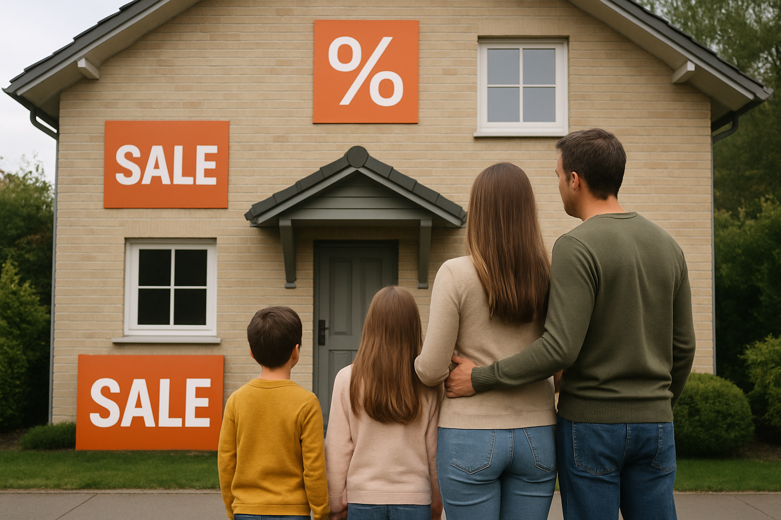familia que esta viendo la fachada una casa con letreros de promocion y signo de porcentaje sin texto