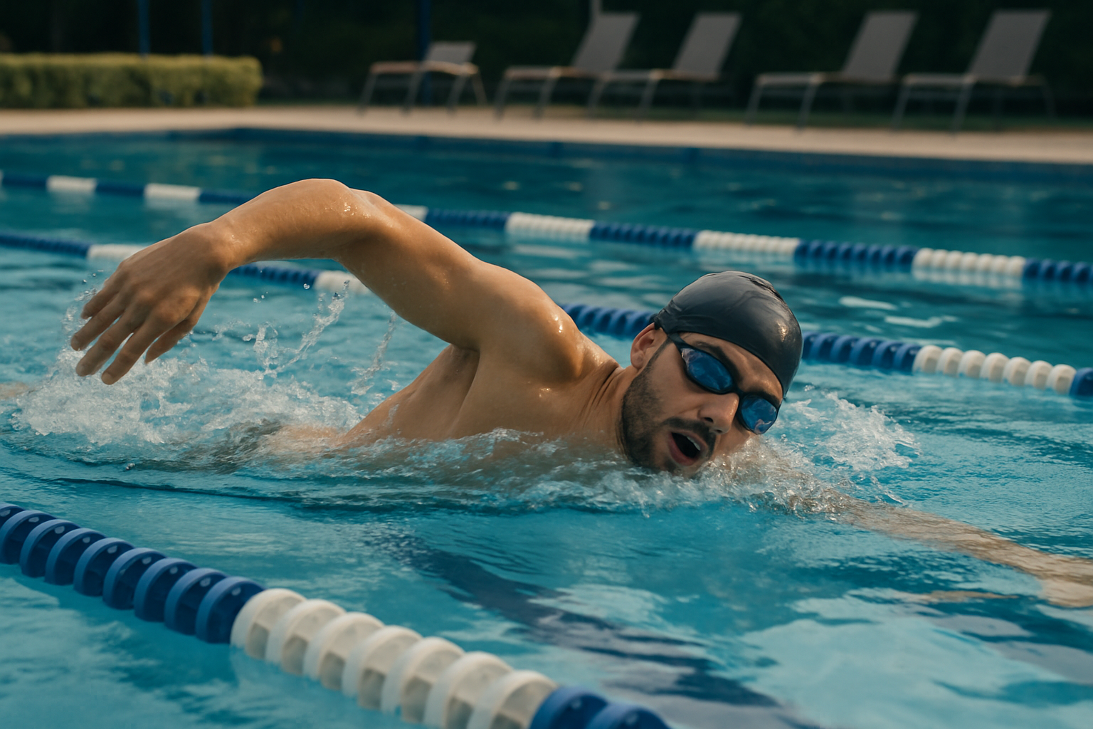 hombre con gorra de natacin nadando de estilo libre y dando una brazada en una alberca al aire libre-3