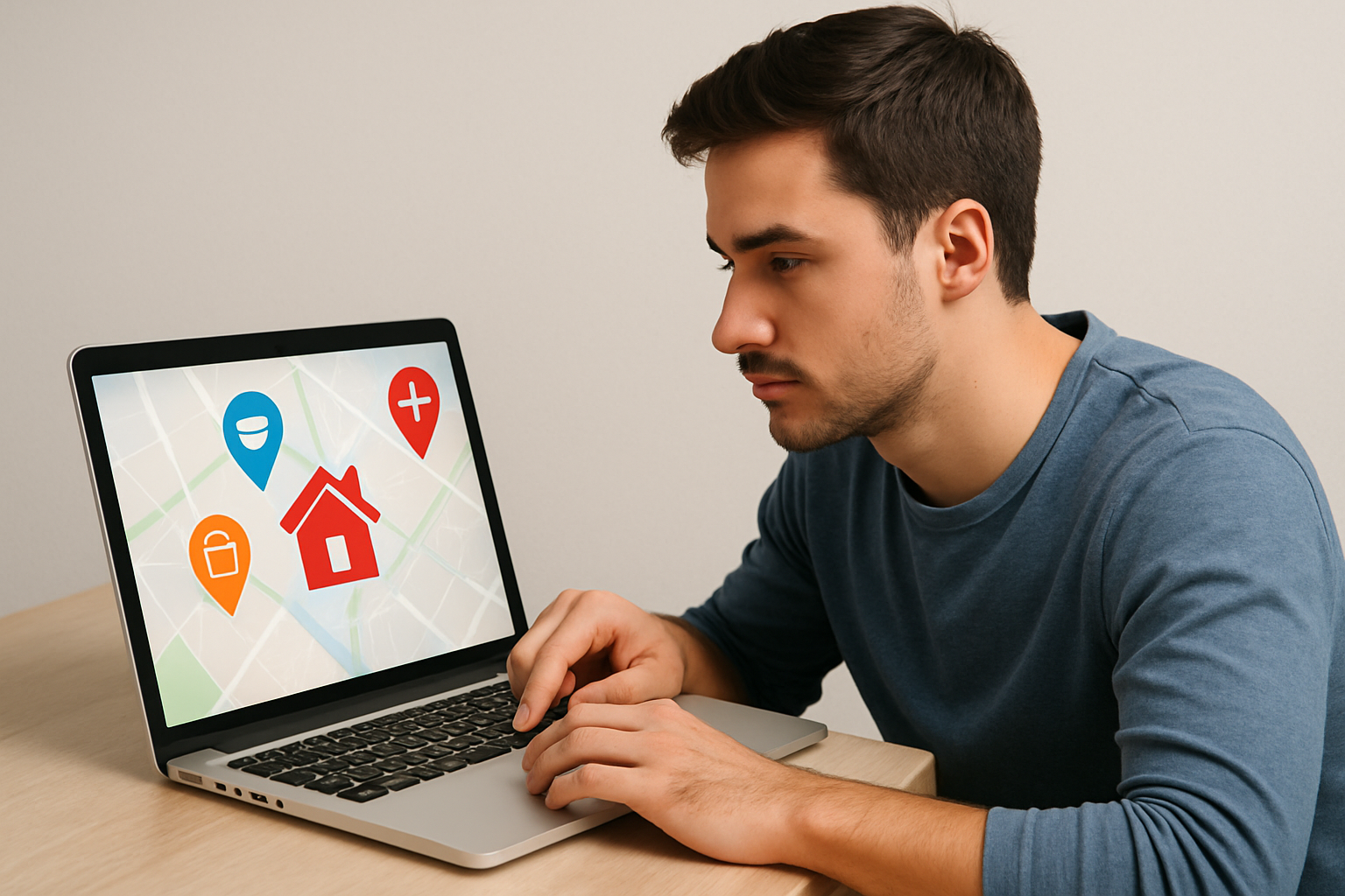 hombre joven se ve que est revisando en la computadora porttil la ubicacin de una casa y marcando con pins las escuelas centros comerciales y hospital-1