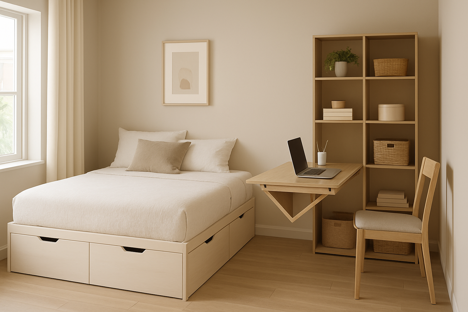 recmara con una cama con cajones en la base un Escritorio plegable con una estantera modular a un lado-1