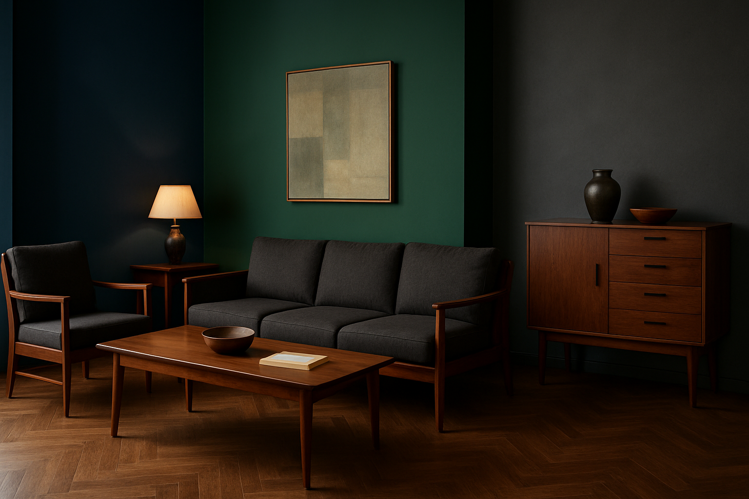 sala con muebles de madera oscura que lucen increbles con paredes en tono azules profundos verdes botella y gris grafito