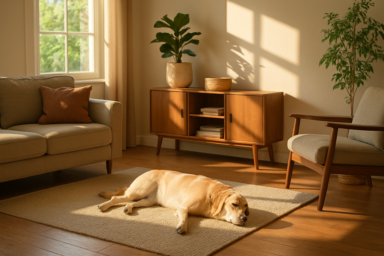 sala de una casa donde se ve un perro acostado en un tapete en el piso tomando el sol de la maana-1