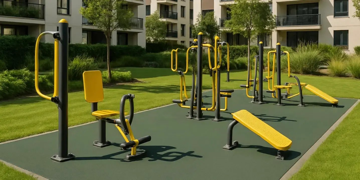 Apartaros de ejercicio de un  gimnasio al aire libre de un desarrollo residencial