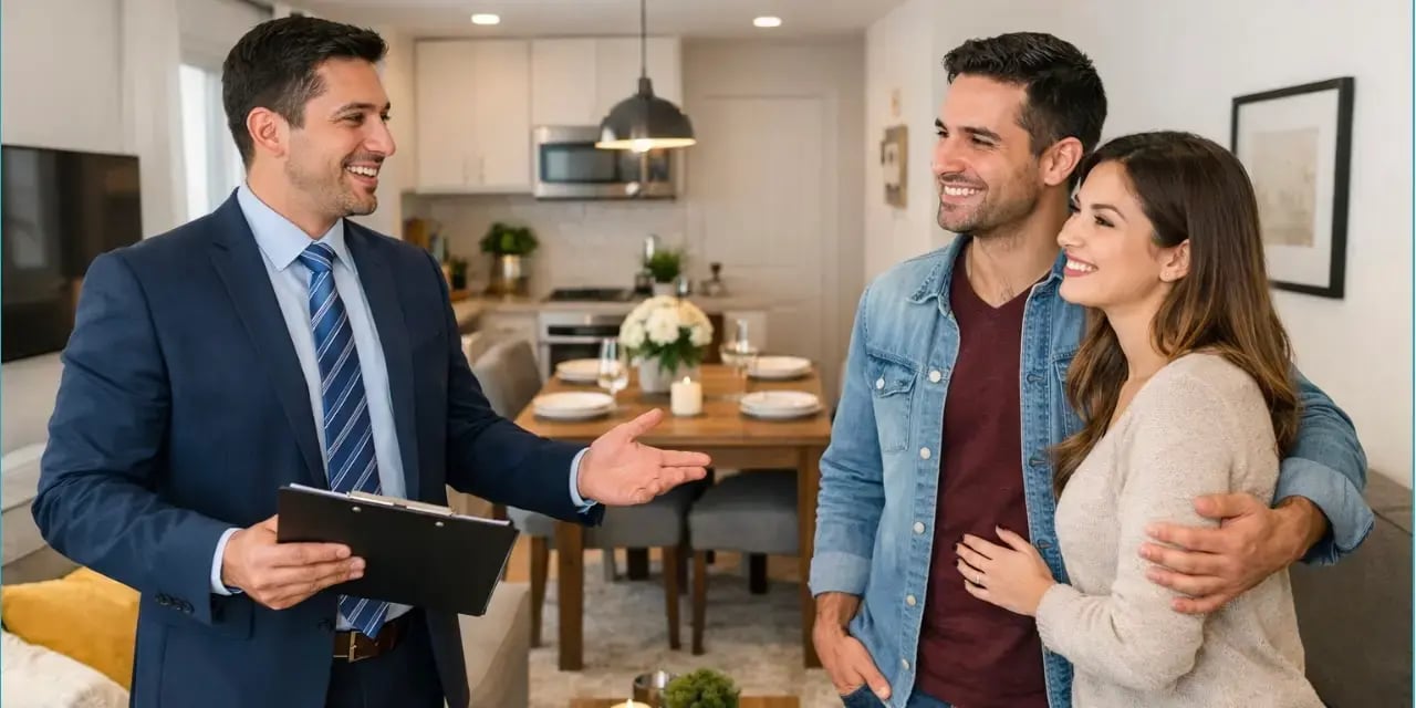 Asesor hipotecario mostrando la sala comedor de una casa a una pareja feliz