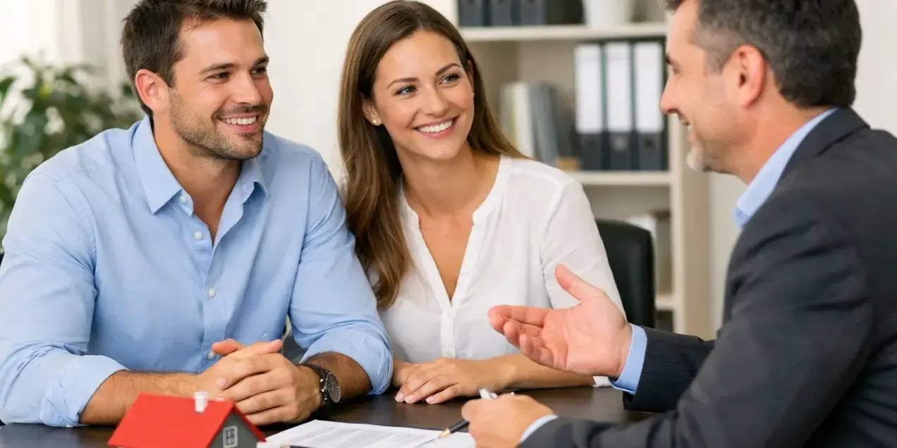 Pareja hablando con asesor hipotecario que les esta explicando como funciona una hipoteca