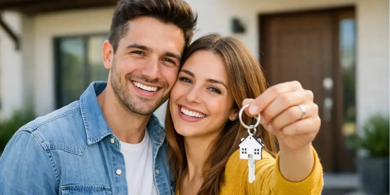 Joven pareja sonriente sosteniendo las llaves de su casa