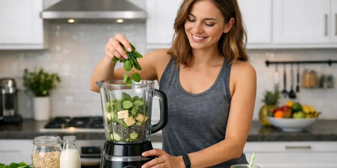 Mujer preparando un smoothie saludable en una cocina moderna