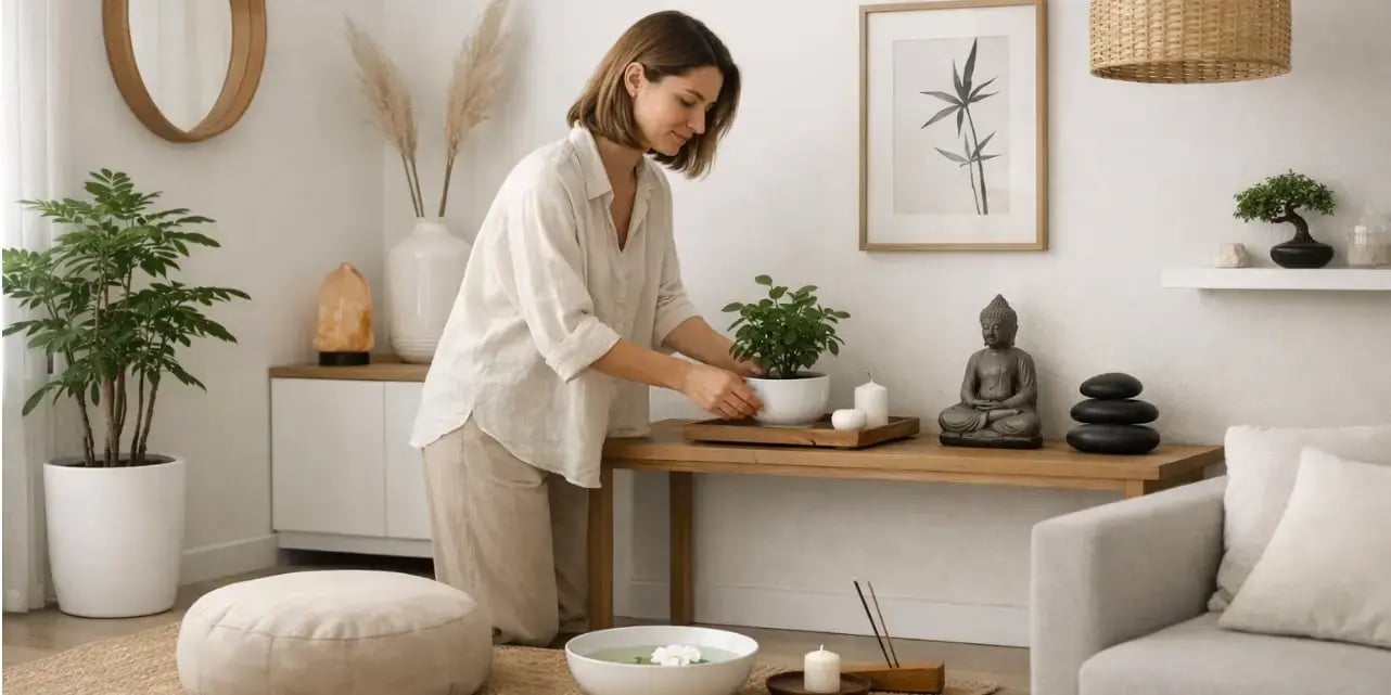 Imagen de una mujer decorando su casa equilibradamente con feng shui minimalista