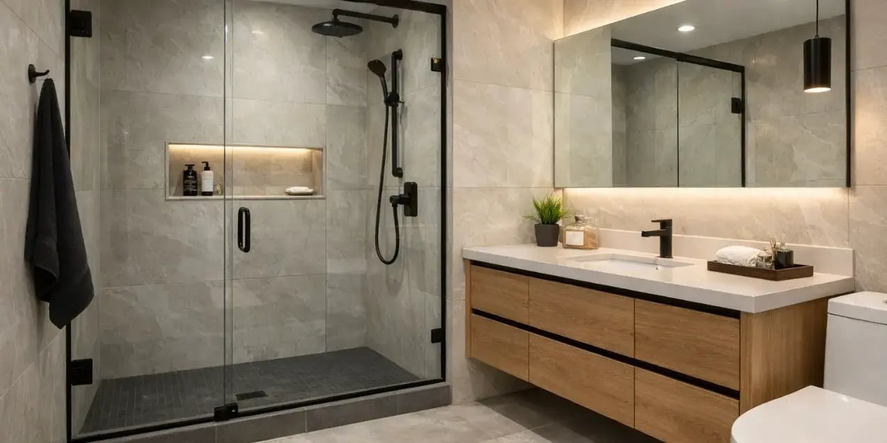 Baño moderno con cancel, toallero y luces led en el espejo