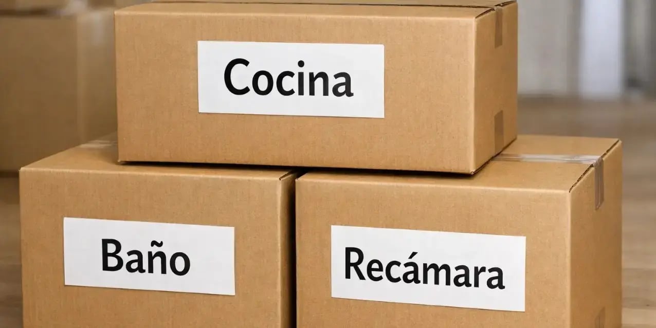 Cajas de mudanza con eqtiquetas que dicen cocina otra bao otra recamara (1)