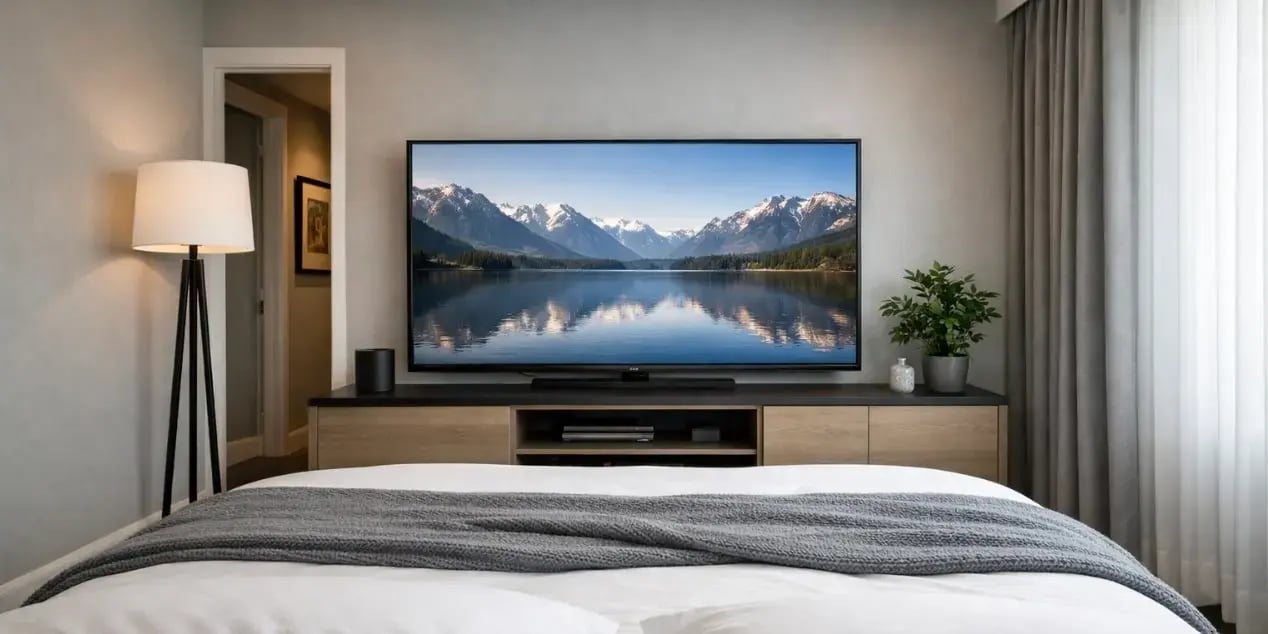 Cama con una television enfrente