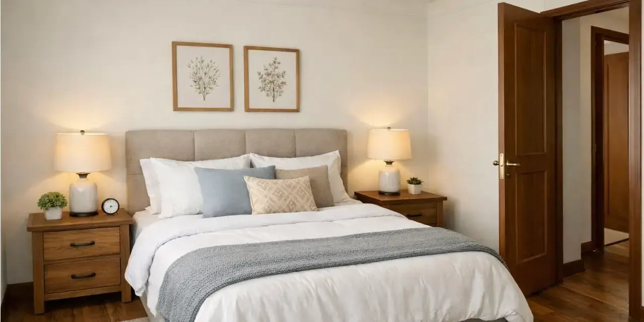 Cama de un dormitorio con la cabecera pegada a la pared y los pies de la cama cerca de la puerta pero no estar alineada a ella y con 2 buros