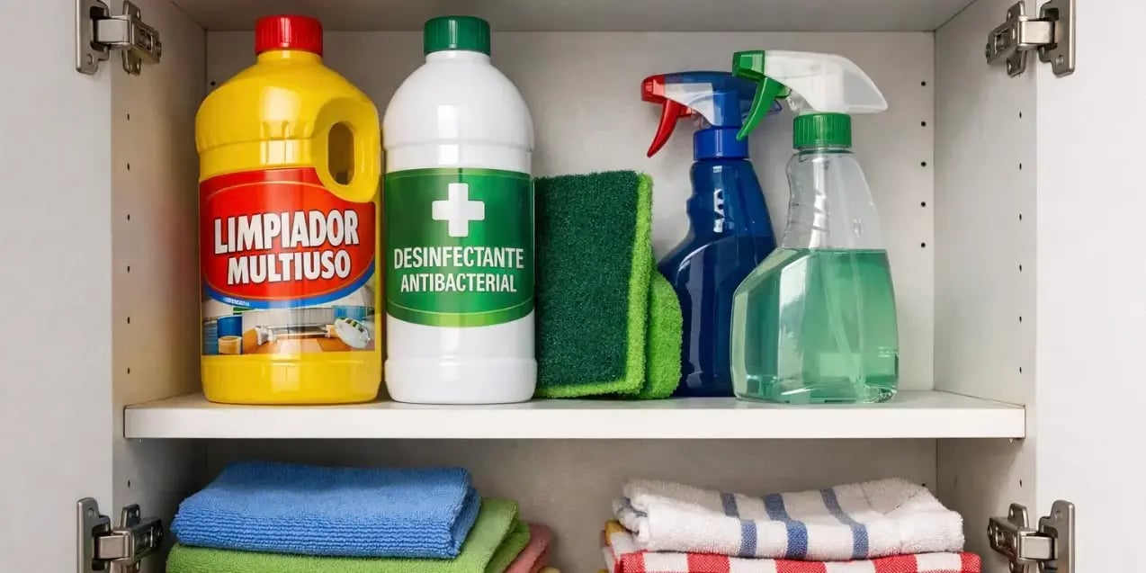 En una alacena de la cocina está guardado limpiador, desinfectante, fibra, trapos 