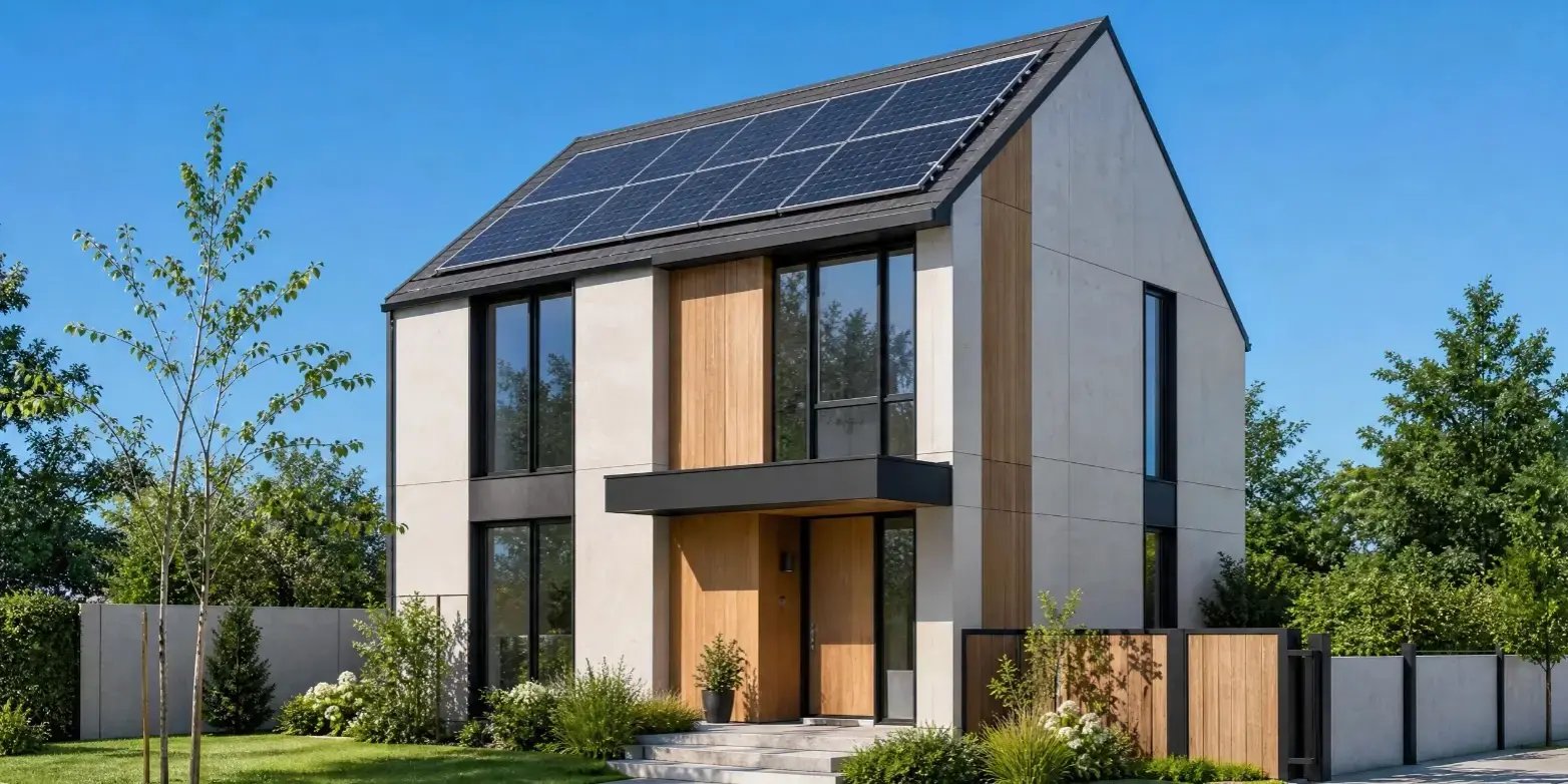 Casa moderna con diseño arquitectónico contemporáneo, equipada con paneles solares instalados en el techo.