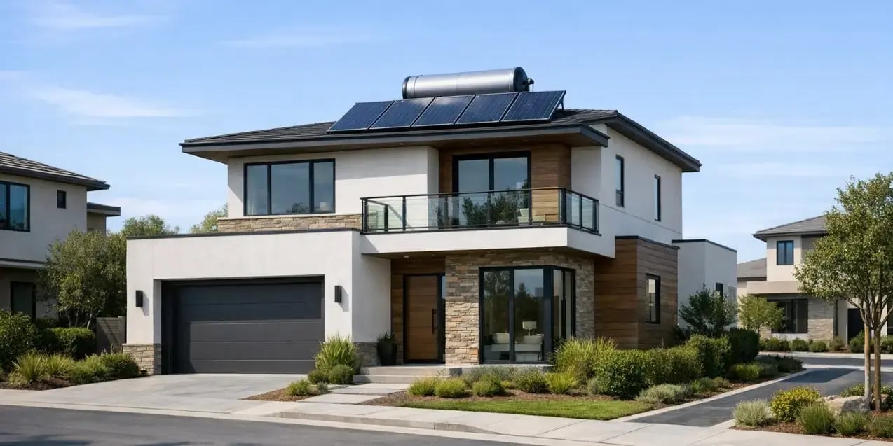 Casa moderna con un calentador solar y paneles solares