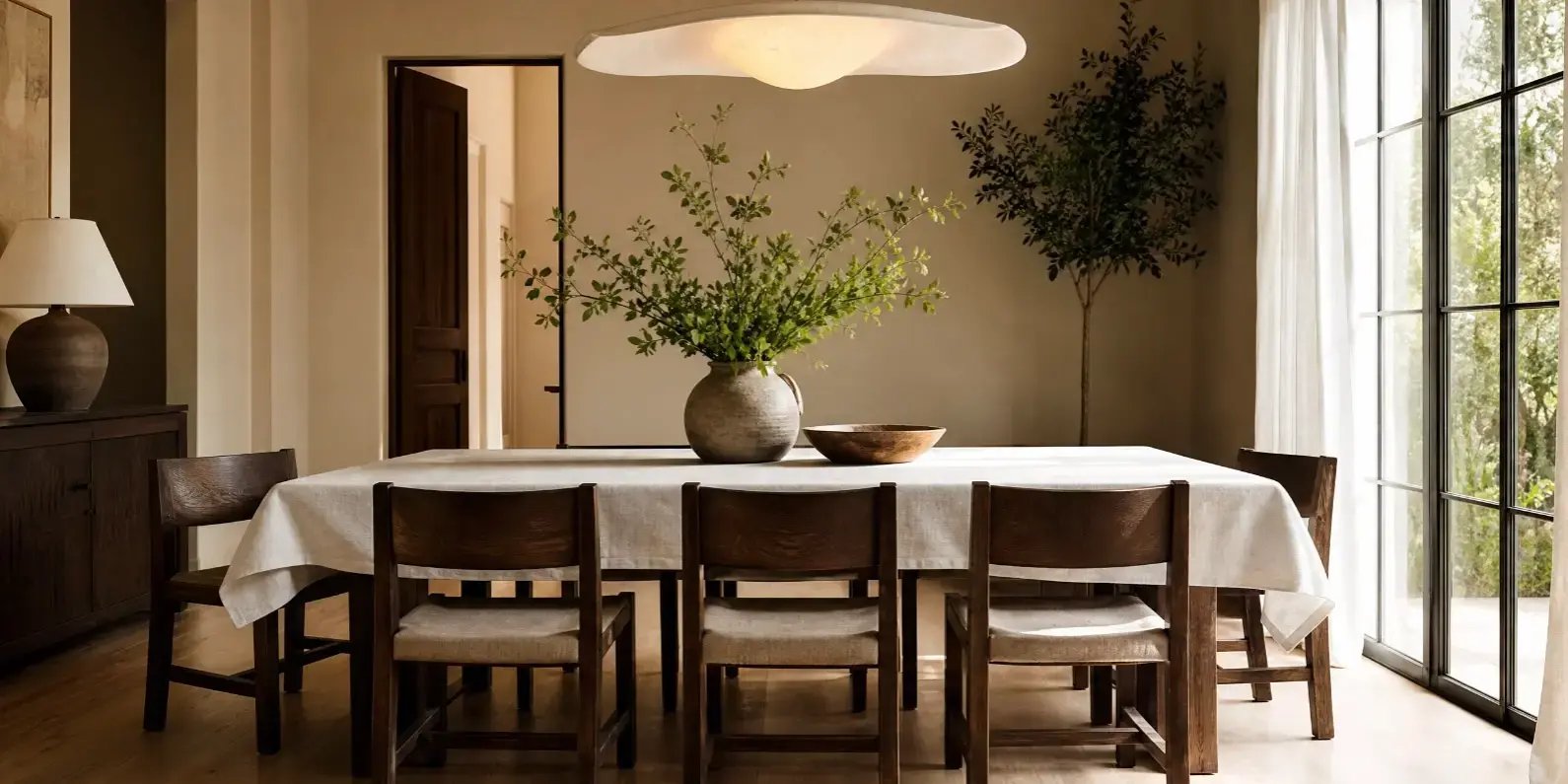Comedor elegante con diseño atemporal, con mesa y sillas de madera maciza real (no MDF), mostrando vetas naturales visibles y acabados artesanales de alta calidad.