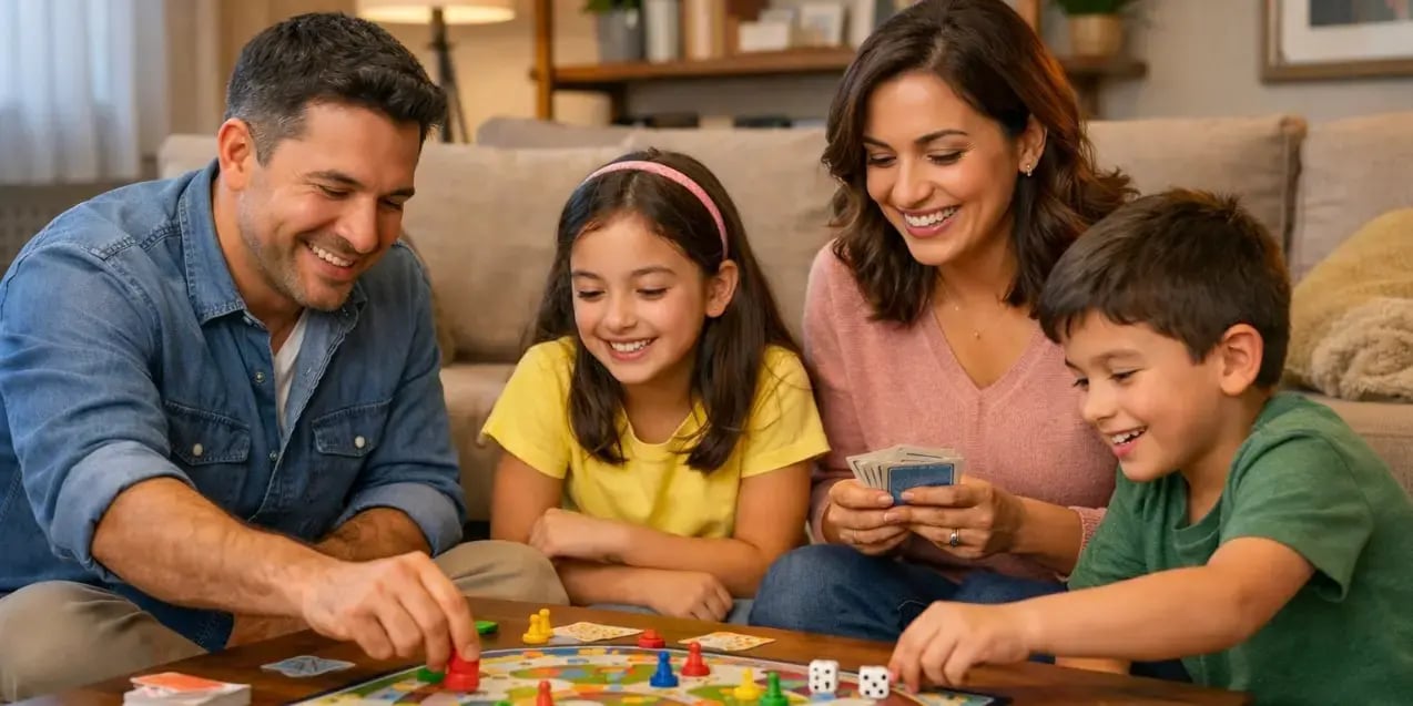 Conviviencia familiar pasando tiempo juntos en la sala de su casa jugando un juego de mesa
