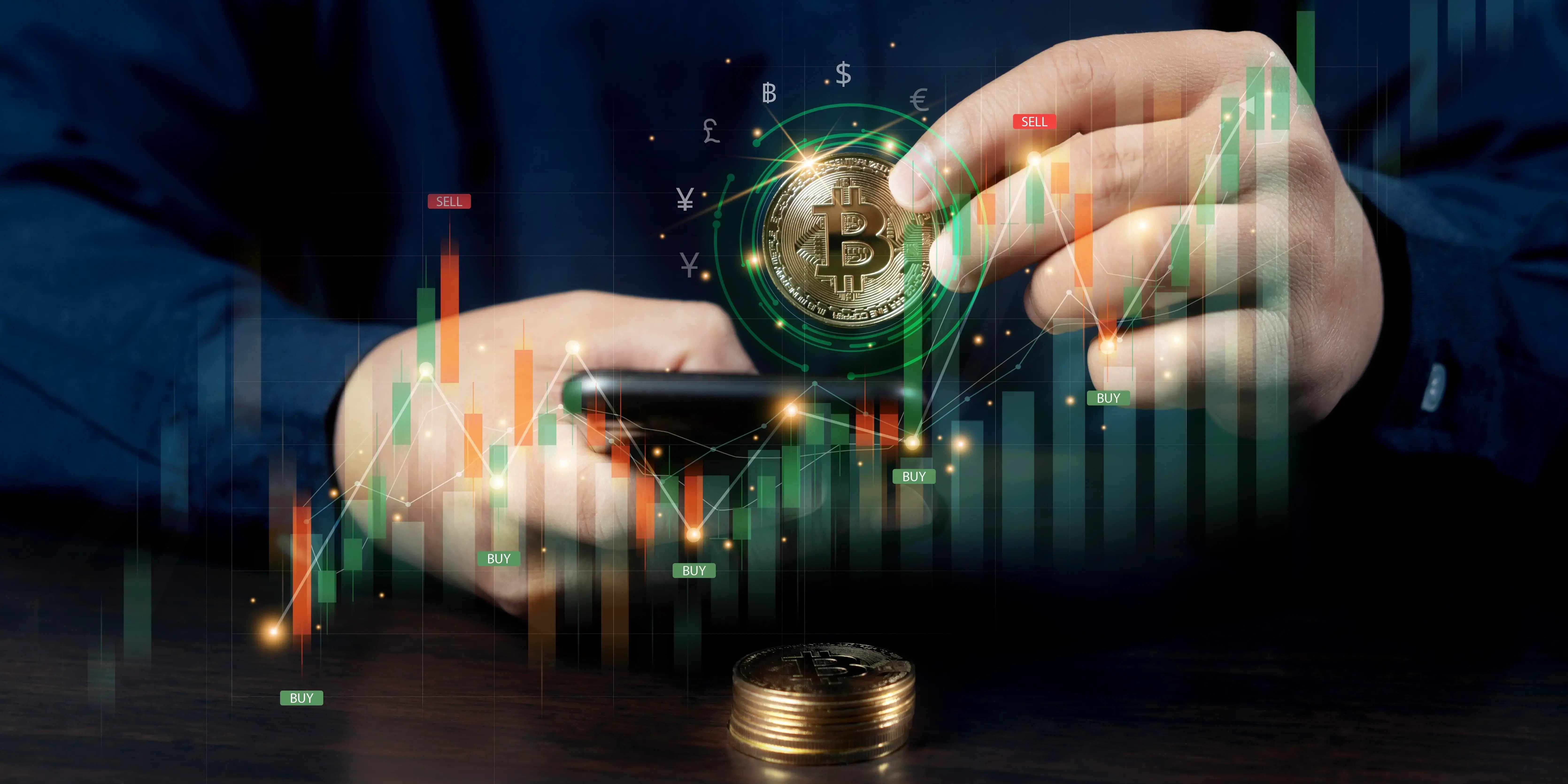 Empresario sosteniendo bitcoin en mano, el nuevo dinero electrónico virtual para inversión a corto plazo