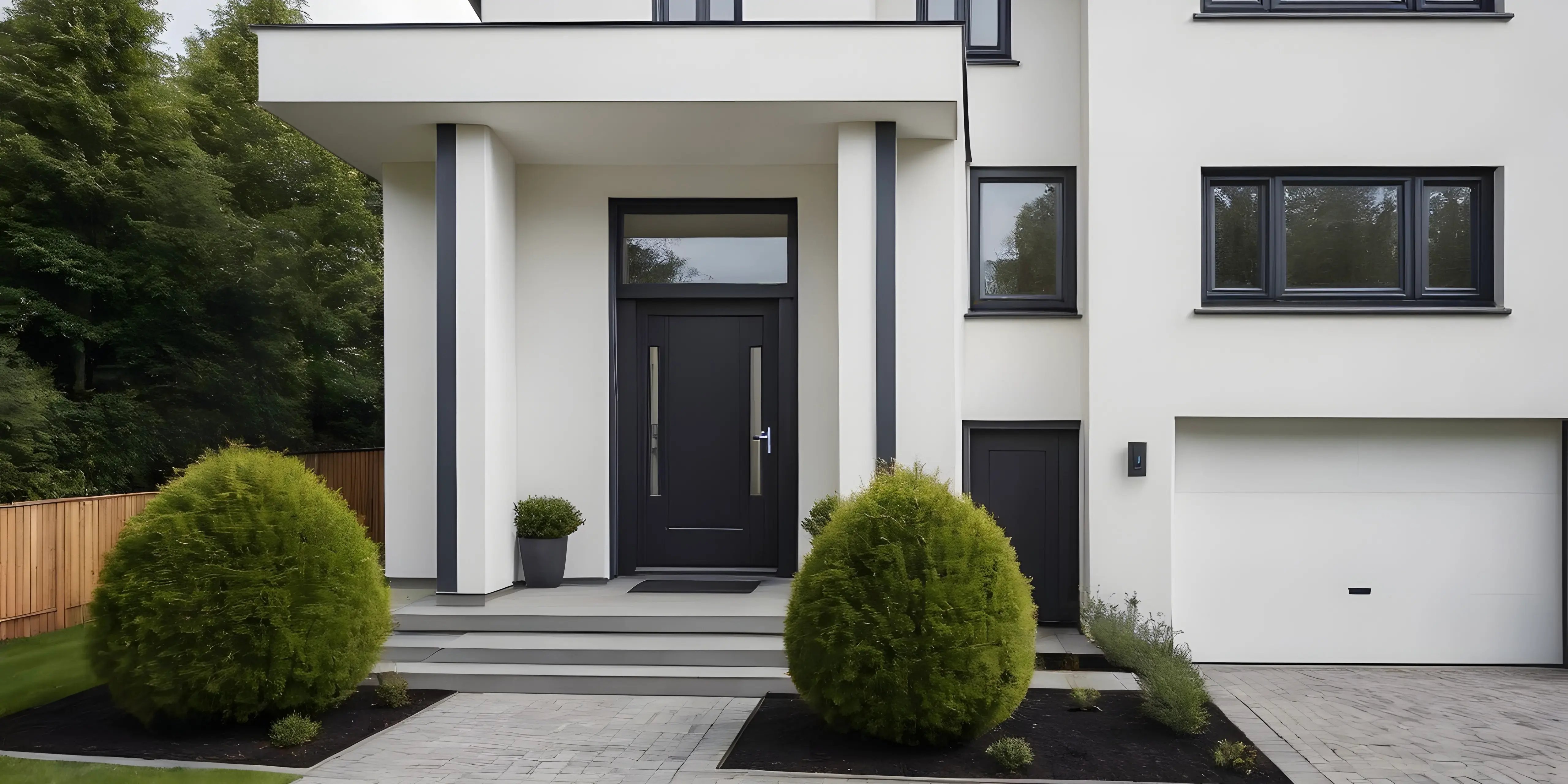 Fachada de casa moderna pintada de blanco con ventanas y puerta negra