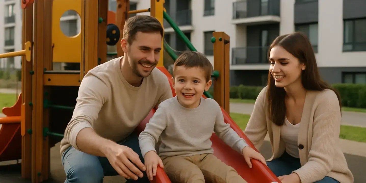 Familia con nino en los juegos infantiles de un desarrollo residencial