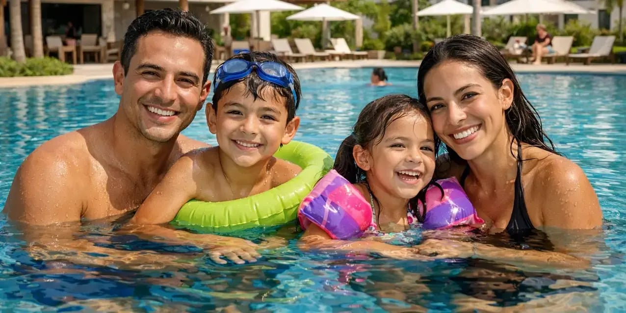 Familia en la alberca de un desarrollo inmobiliario