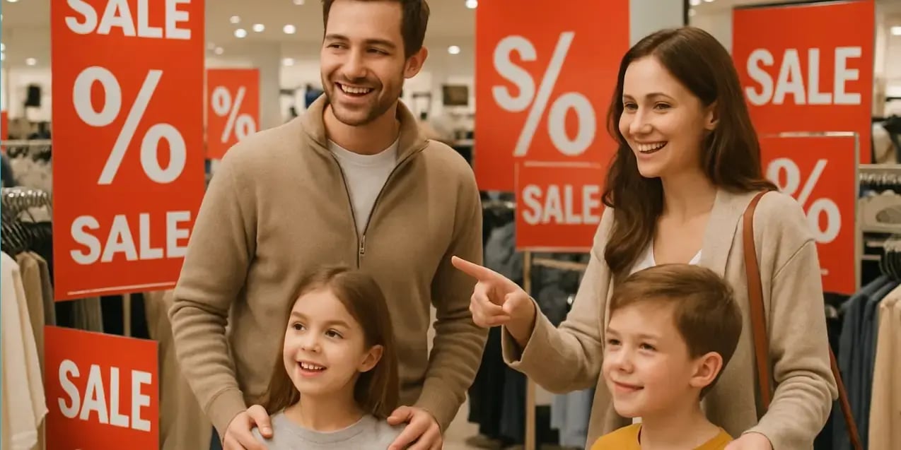 Familia en una tienda departamental viendo los descuentos y letreros con signos de porcentaje