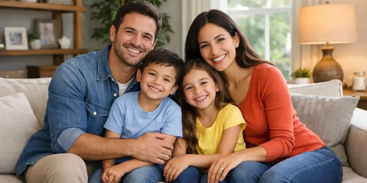 Familia feliz en la sala de su casa que es un proyecto bien planeado y con demanda