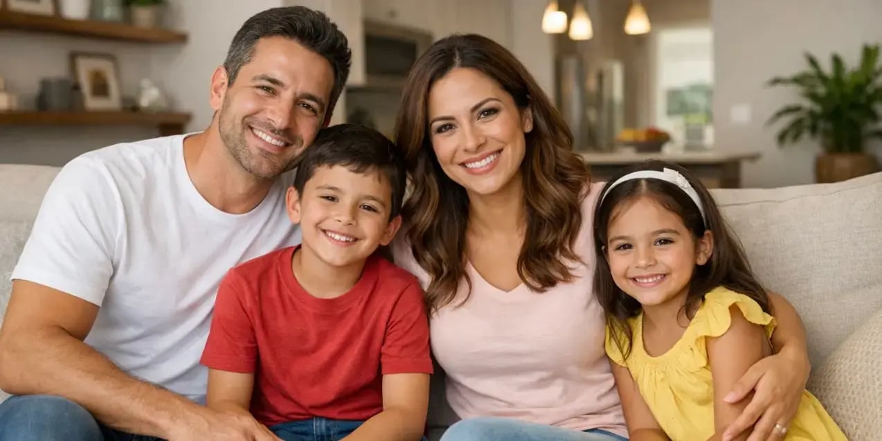 Familia feliz sentada en la sala de su casa