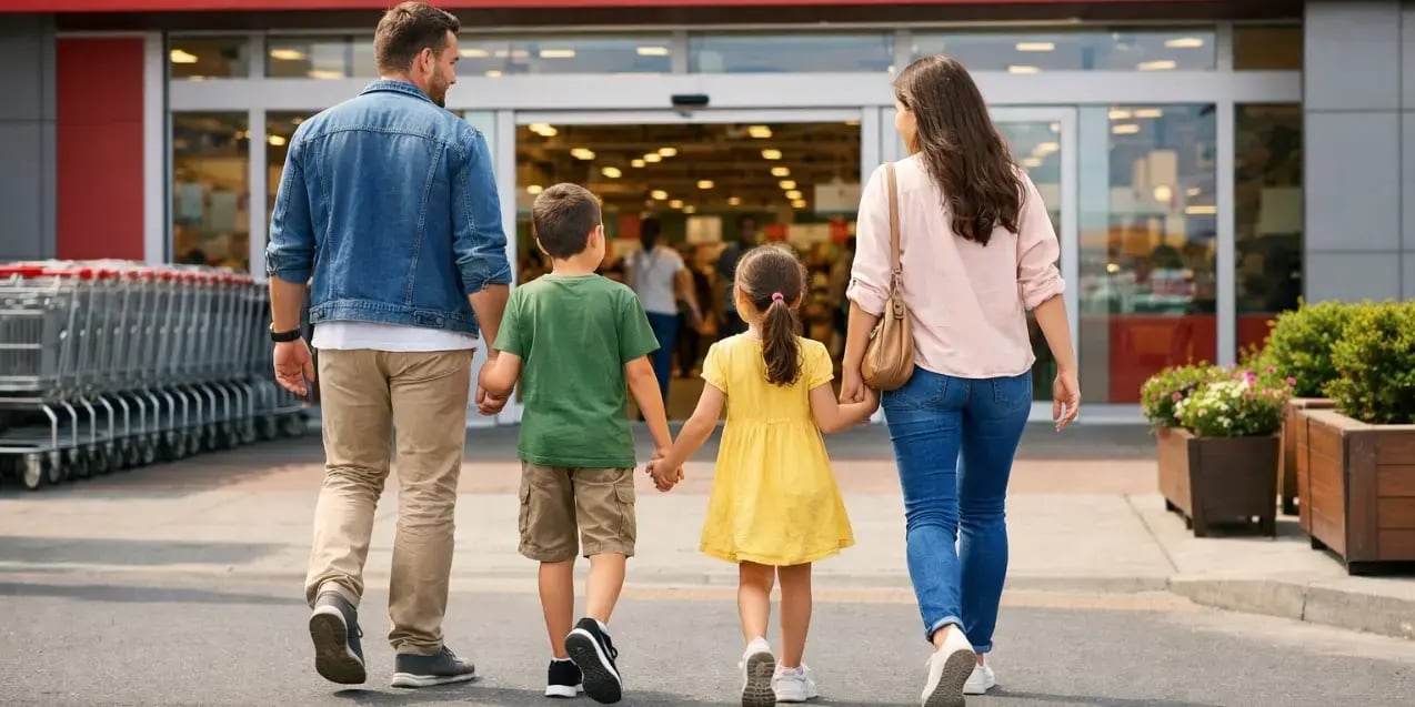 Familia llegando caminando al supermercado pues viven cerca