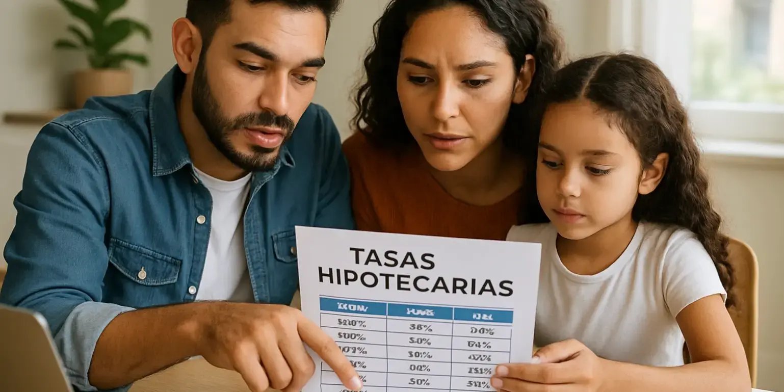 Familia mexicana joven revisando comparativas de tasas y bancos hipotecarios sobre una mesa