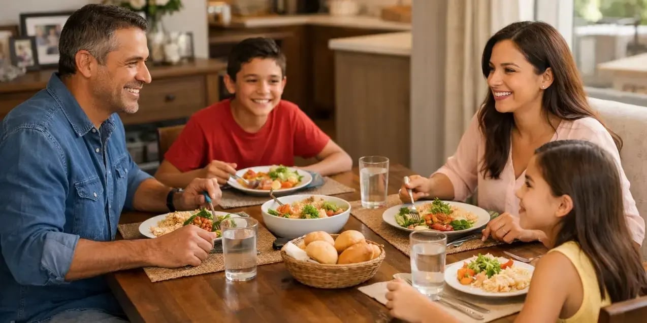 Familia sentada en el comedor de su casa