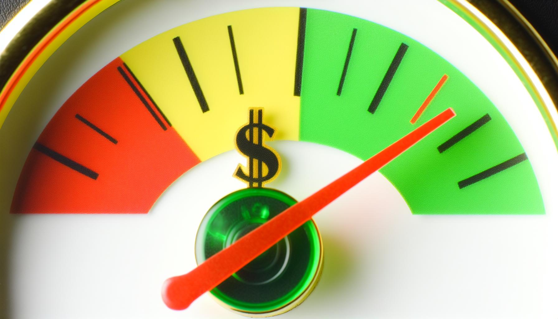 Medidor que mide en tonalidades verde, amarillo, y rojo con una aguja cuya punta es un símbolo de dinero