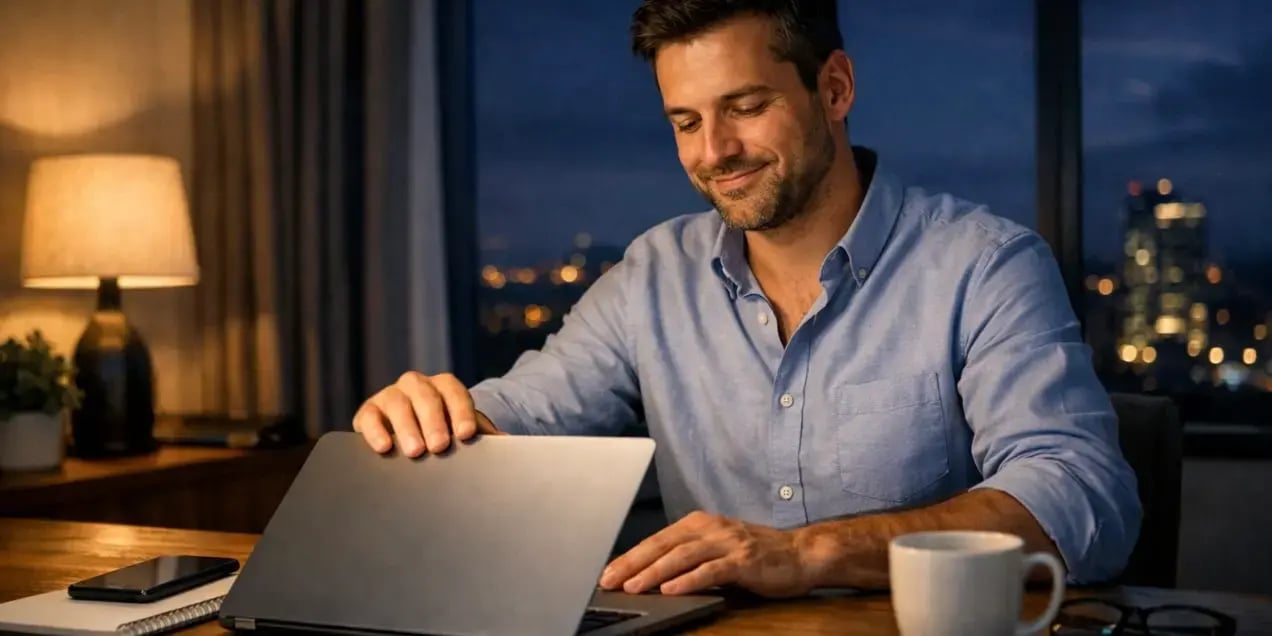 Hombre cerrando la laptop pues ya terminó de trabajar, en la ventana ya es de noche