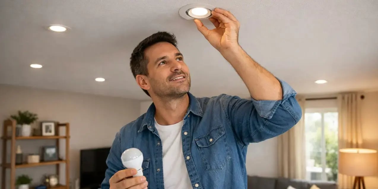 Hombre colocando focos led en la sala de su casa