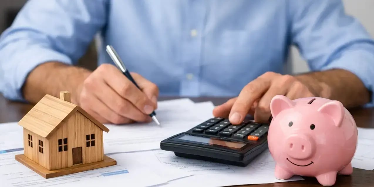 Hombre con papeles sobre una mesa una calculadora una casa de madera y una alcancia de marrano