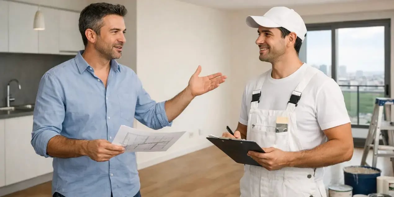 Hombre con un pintor explicandole como quiere su departamento