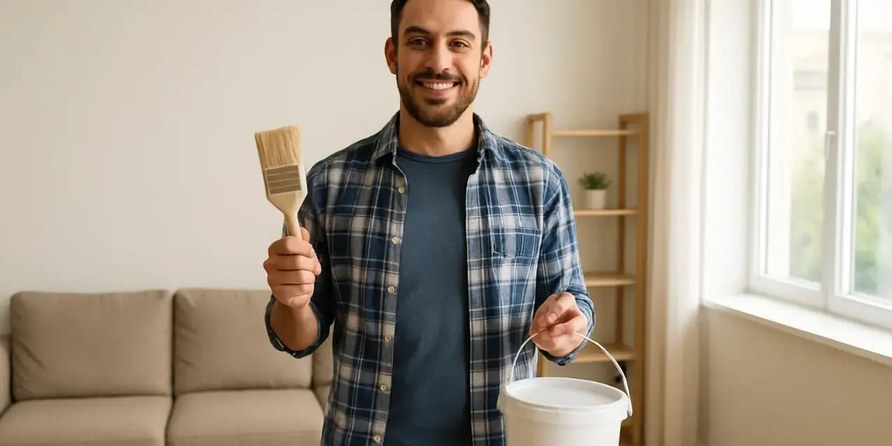 Hombre con una brocha y una cubeta de pintura preparndose para pintar la pared de la sala de su casa nueva