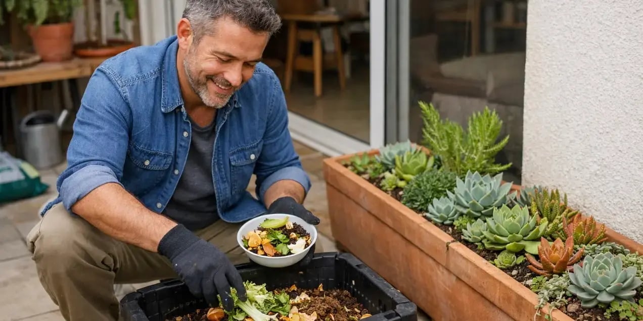 Hombre creando una composta casera para usarla de fertilizante para sus macetas